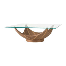 Glass Coffee Table with Walnut Veneer Base and Fiberglass Frame for Living Room