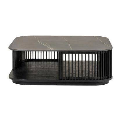 Black Ceramic and Wood Square Coffee Table with Solid Top and Sturdy Frame