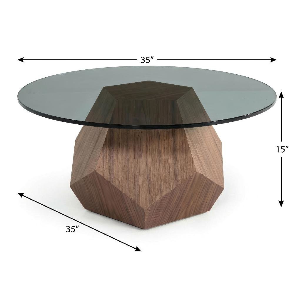 Brown Glass and Veneer Coffee Table with Mid-Century Style and Walnut Finish