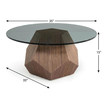 Brown Glass and Veneer Coffee Table with Mid-Century Style and Walnut Finish