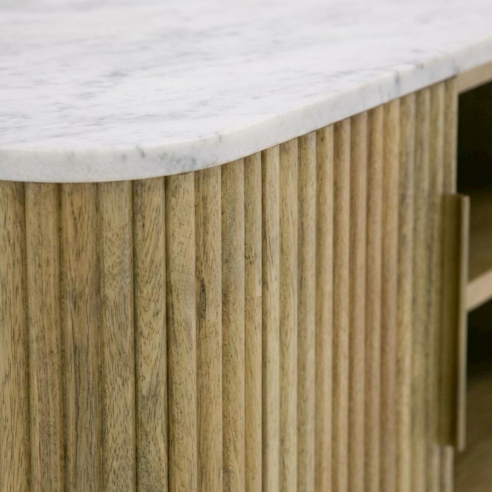 White marble, mango wood TV stand, engineered construction, multiple shelves