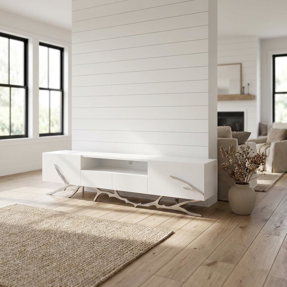 Modern White TV Stand with Engineered Wood Frame for Living Room