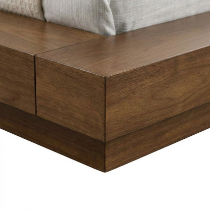 Queen Bed Frame Walnut Veneer, Low Profile Bed With Floating Nightstands
