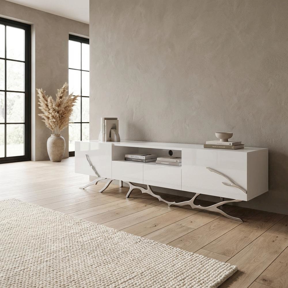 Modern White TV Stand with Engineered Wood Frame for Living Room