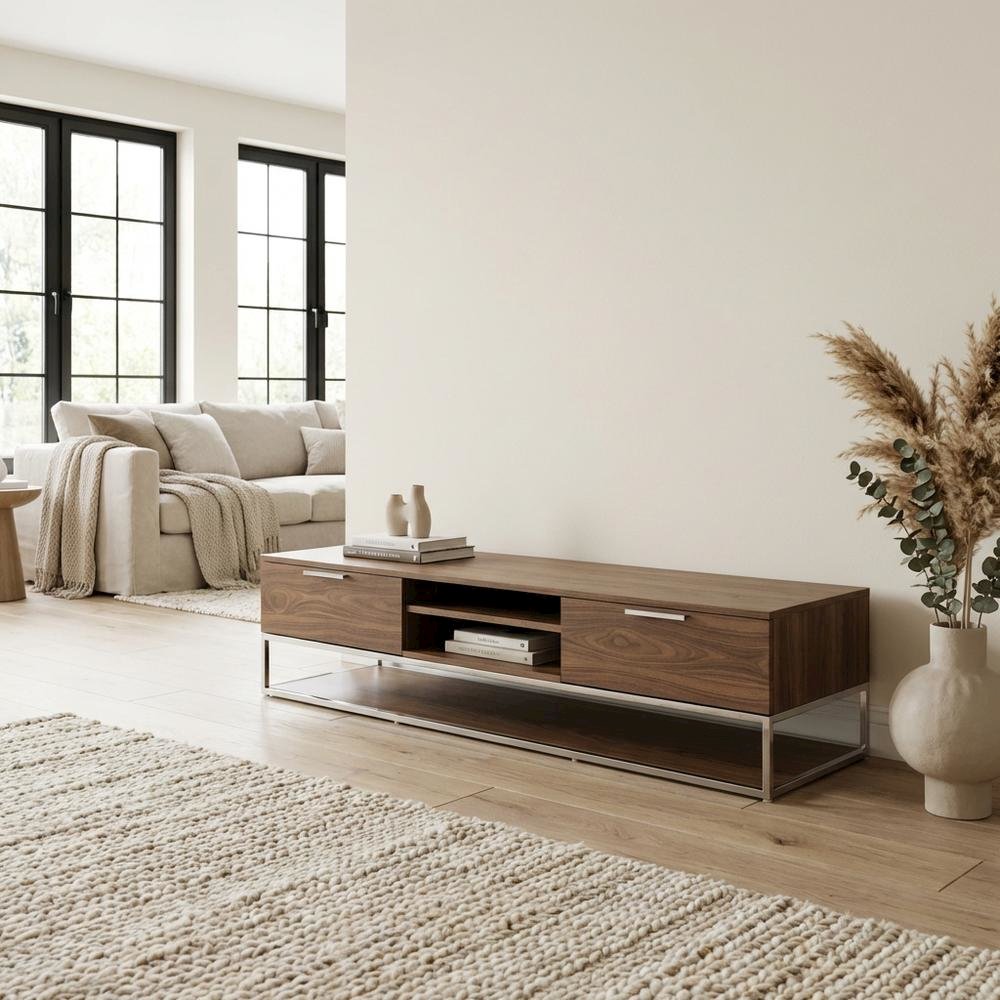 Modern Brown Walnut TV Stand with Engineered Wood and Metal Finish
