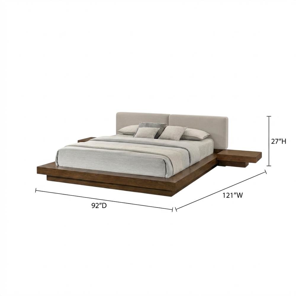 Queen Bed Frame Walnut Veneer, Low Profile Bed With Floating Nightstands