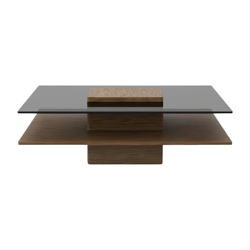 Veneer Walnut Square Coffee Table with Glass Top and Manufactured Wood Base