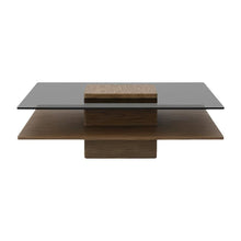 Veneer Walnut Square Coffee Table with Glass Top and Manufactured Wood Base