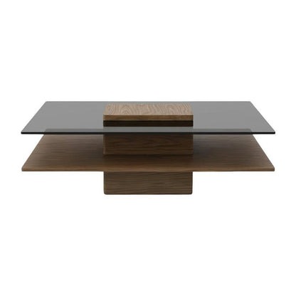 Veneer Walnut Square Coffee Table with Glass Top and Manufactured Wood Base