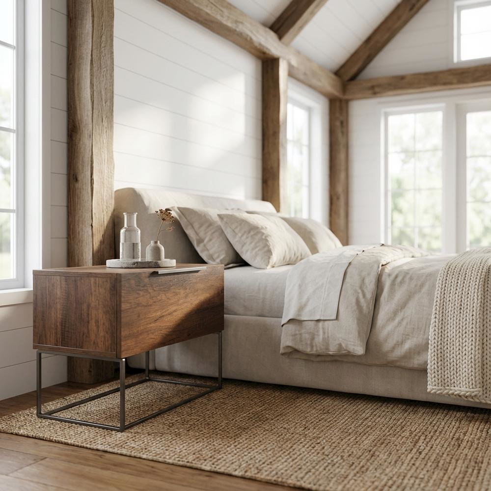 Walnut Nightstand with Modern Design and Compact Storage