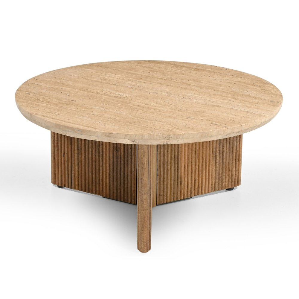 Pawnee - Modern Travertine Marble Wood Round Coffee Table