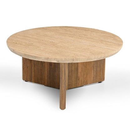Pawnee - Modern Travertine Marble Wood Round Coffee Table