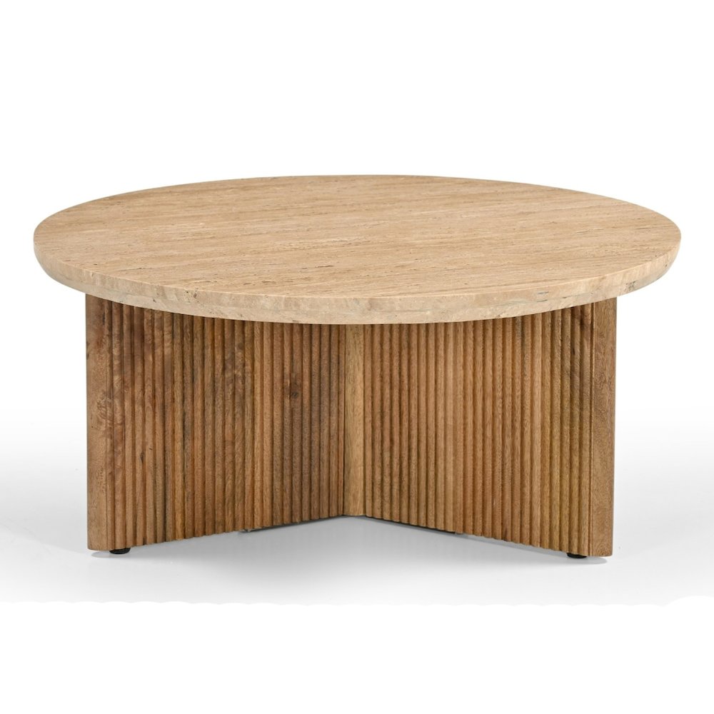 Pawnee - Modern Travertine Marble Wood Round Coffee Table