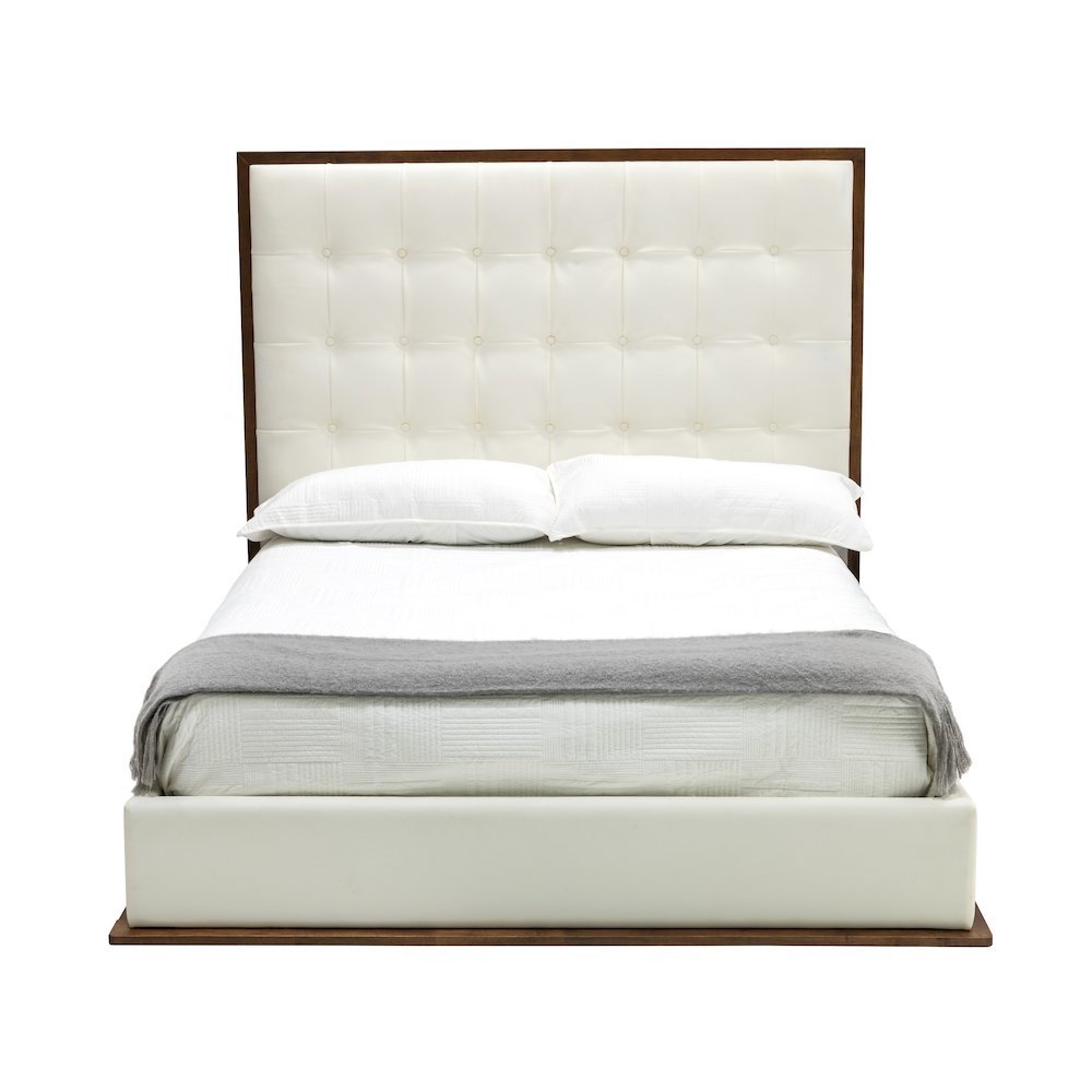 White Faux Leather Queen Bed Frame, Low Profile Bed Frame With Walnut Accents