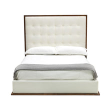White Faux Leather Queen Bed Frame, Low Profile Bed Frame With Walnut Accents