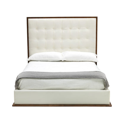 White Faux Leather Queen Bed Frame, Low Profile Bed Frame With Walnut Accents