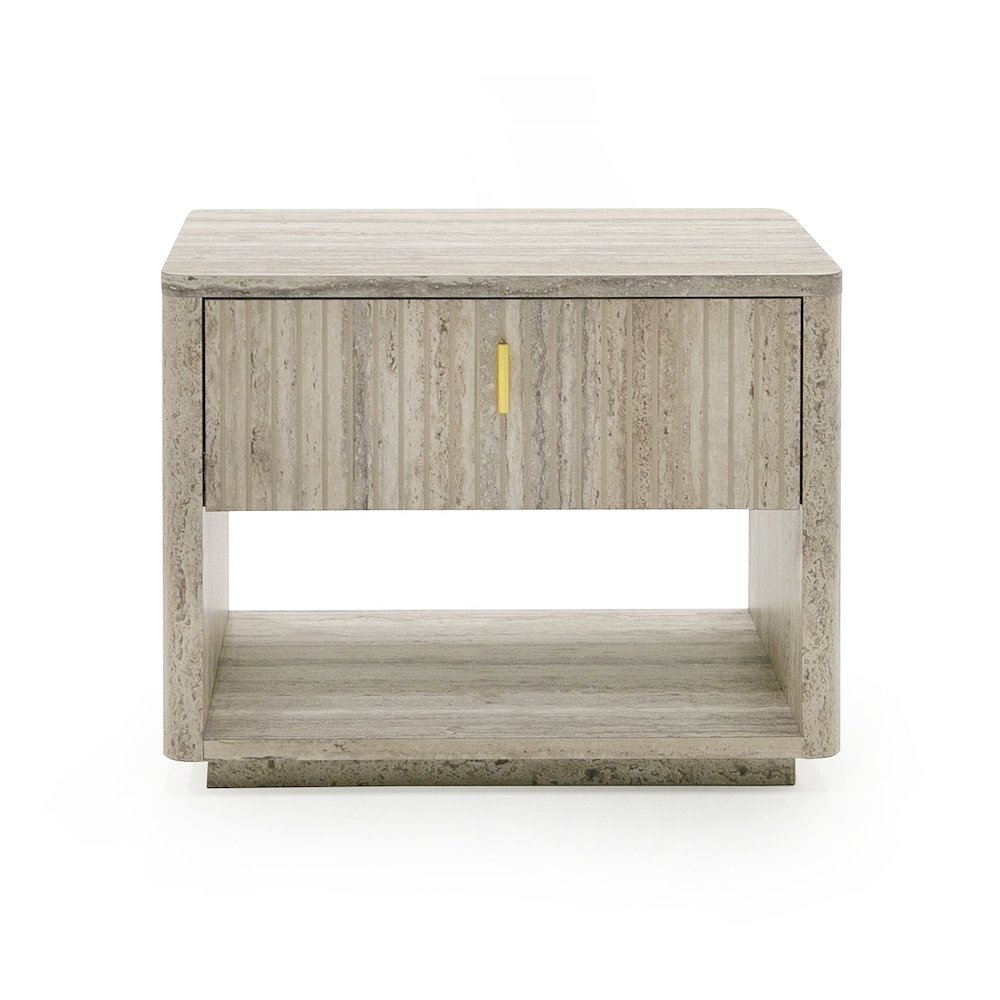 Modern Nightstand In Gray Faux Travertine, Bedside Table With Drawer Storage