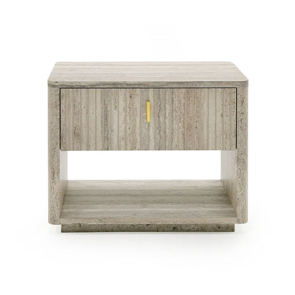 Modern Nightstand In Gray Faux Travertine, Bedside Table With Drawer Storage