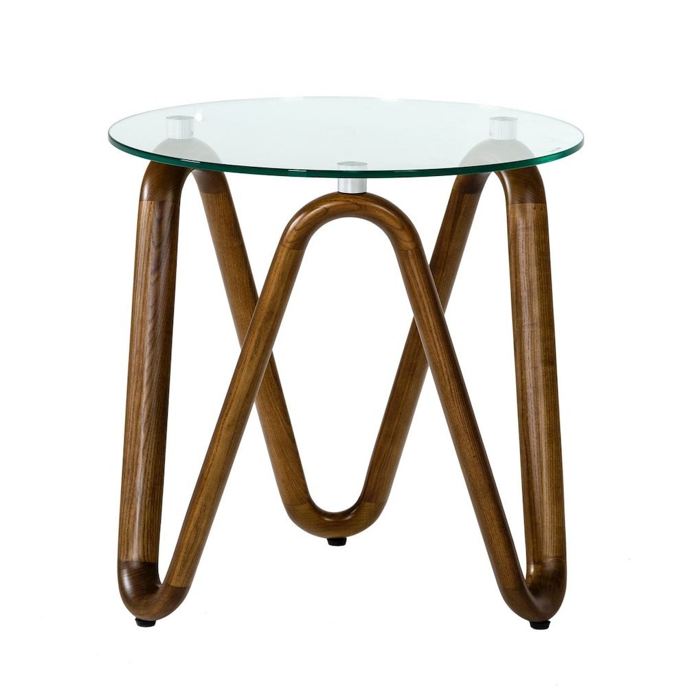 Round Glass End Table With Walnut Base, Solid Wood Side Accent Table