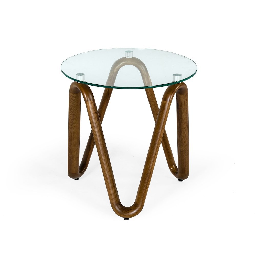 Round Glass End Table With Walnut Base, Solid Wood Side Accent Table