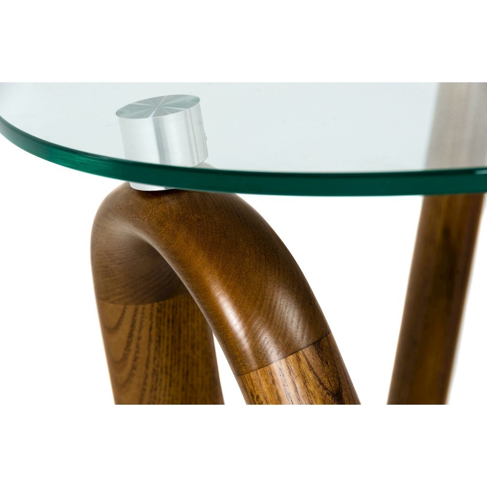 Round Glass End Table With Walnut Base, Solid Wood Side Accent Table
