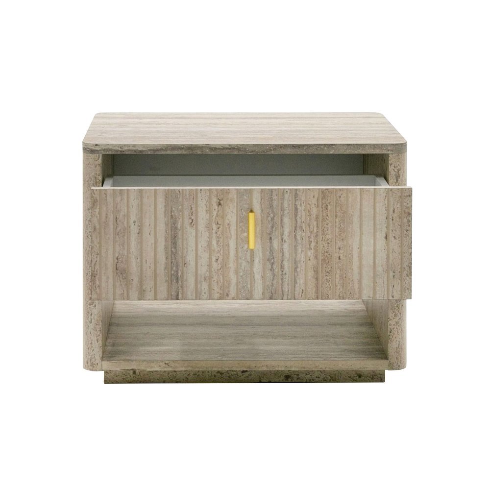 Modern Nightstand In Gray Faux Travertine, Bedside Table With Drawer Storage