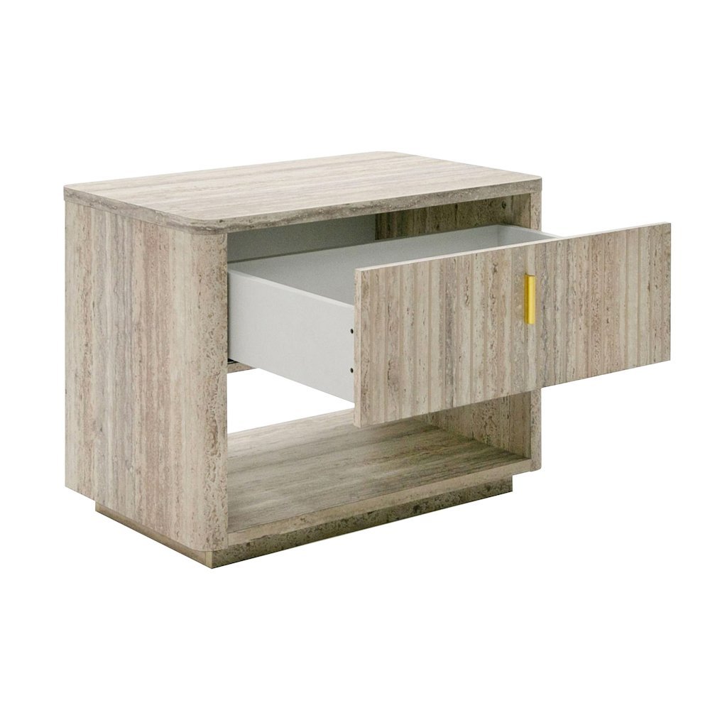 Modern Nightstand In Gray Faux Travertine, Bedside Table With Drawer Storage