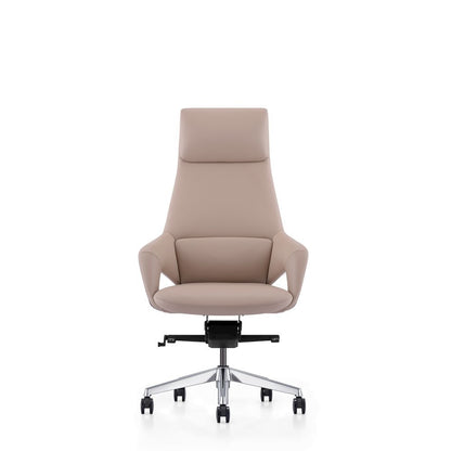 Beige Leather Desk Chair, Modern Office Chair With Wheels And Comfy Support