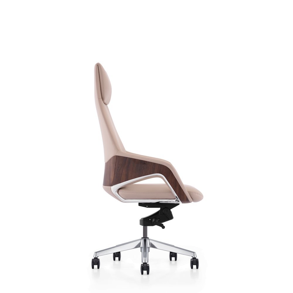Beige Leather Desk Chair, Modern Office Chair With Wheels And Comfy Support