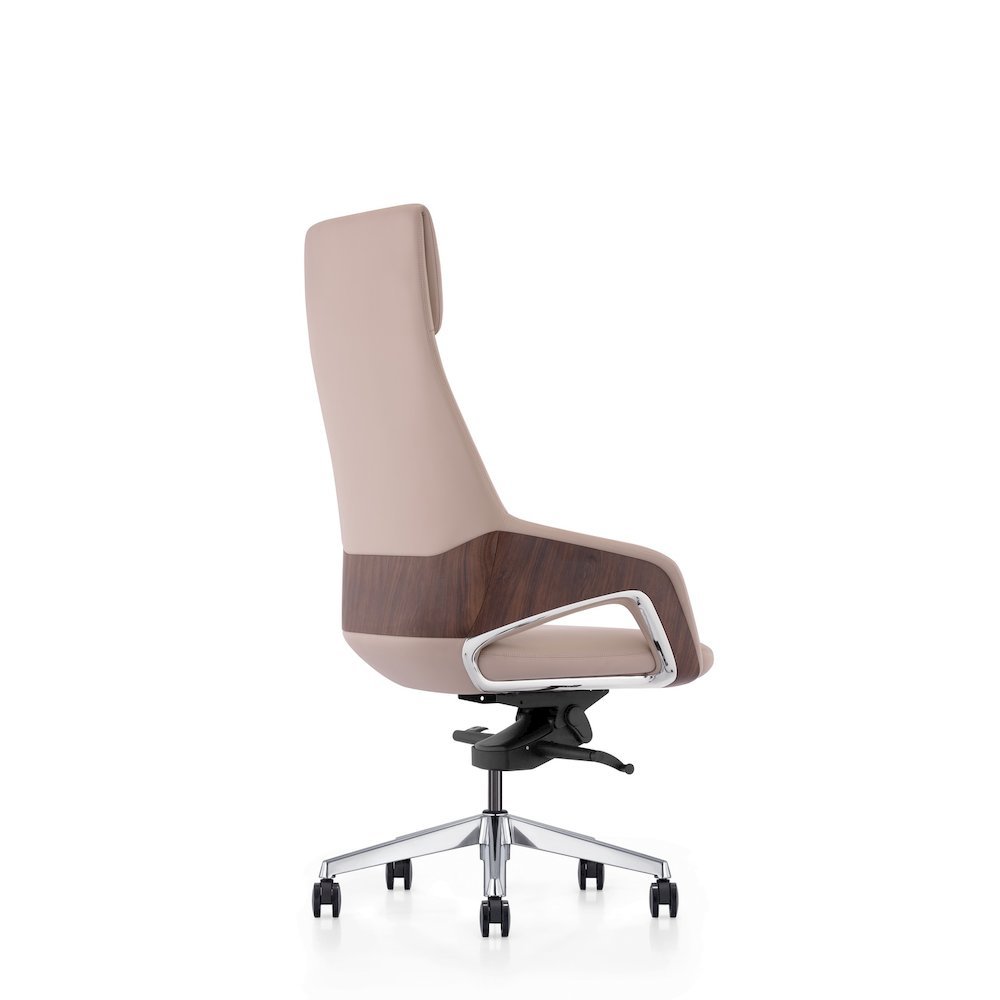 Beige Leather Desk Chair, Modern Office Chair With Wheels And Comfy Support