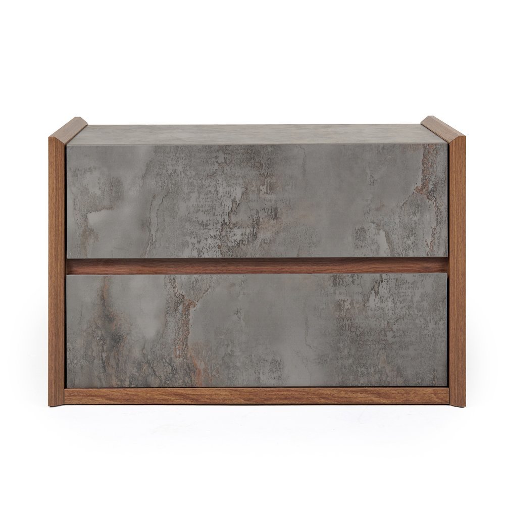 Gray Nightstand With 2 Drawers, Modern Walnut Veneer Bedroom Side Table