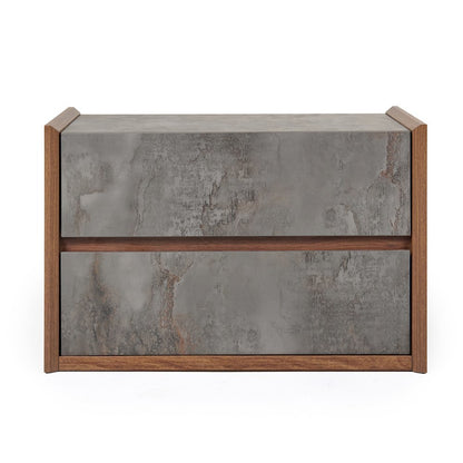 Gray Nightstand With 2 Drawers, Modern Walnut Veneer Bedroom Side Table