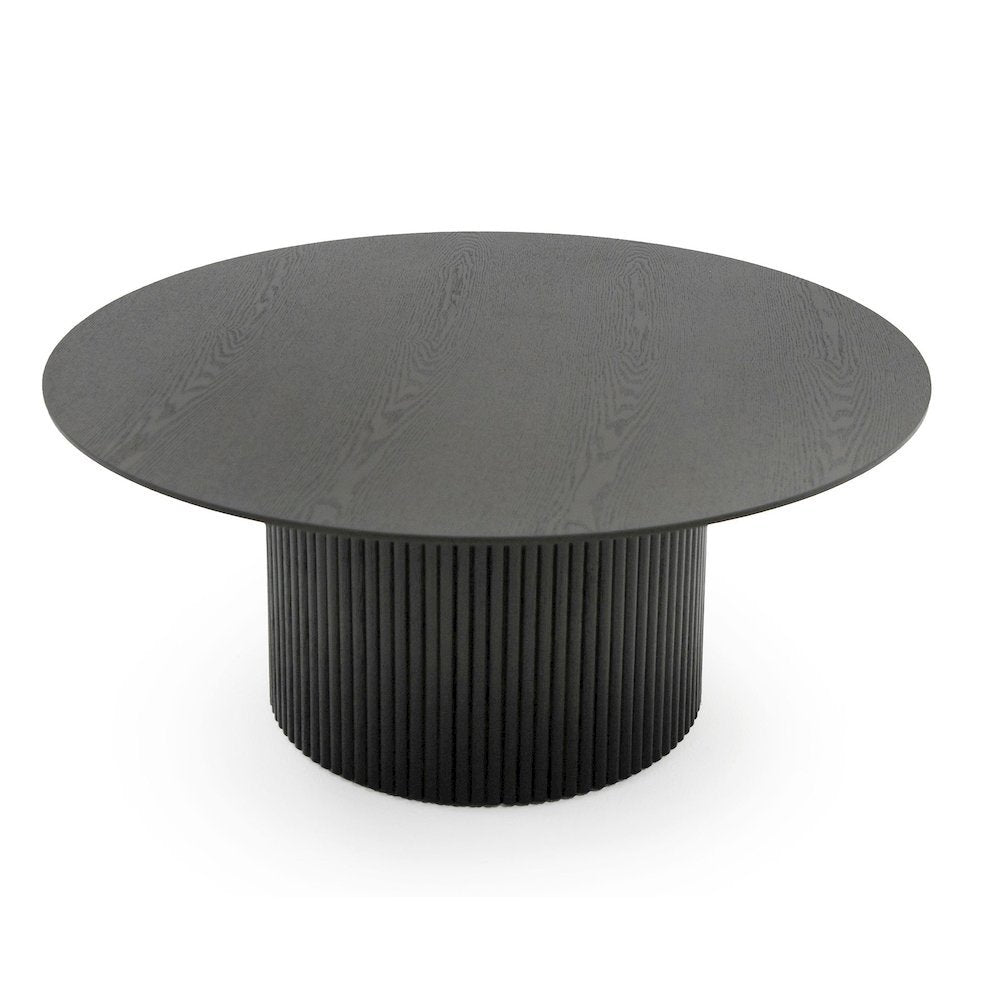 Black Round Coffee Table With Veneer Pedestal Base, Low Modern Accent Table