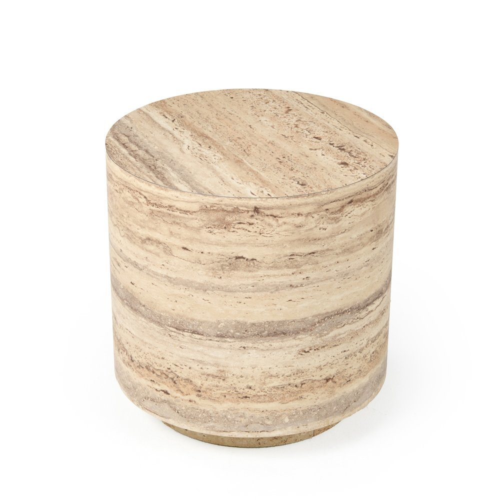 Round Faux Travertine Side Table, Gray Stone Finish Unique End Table