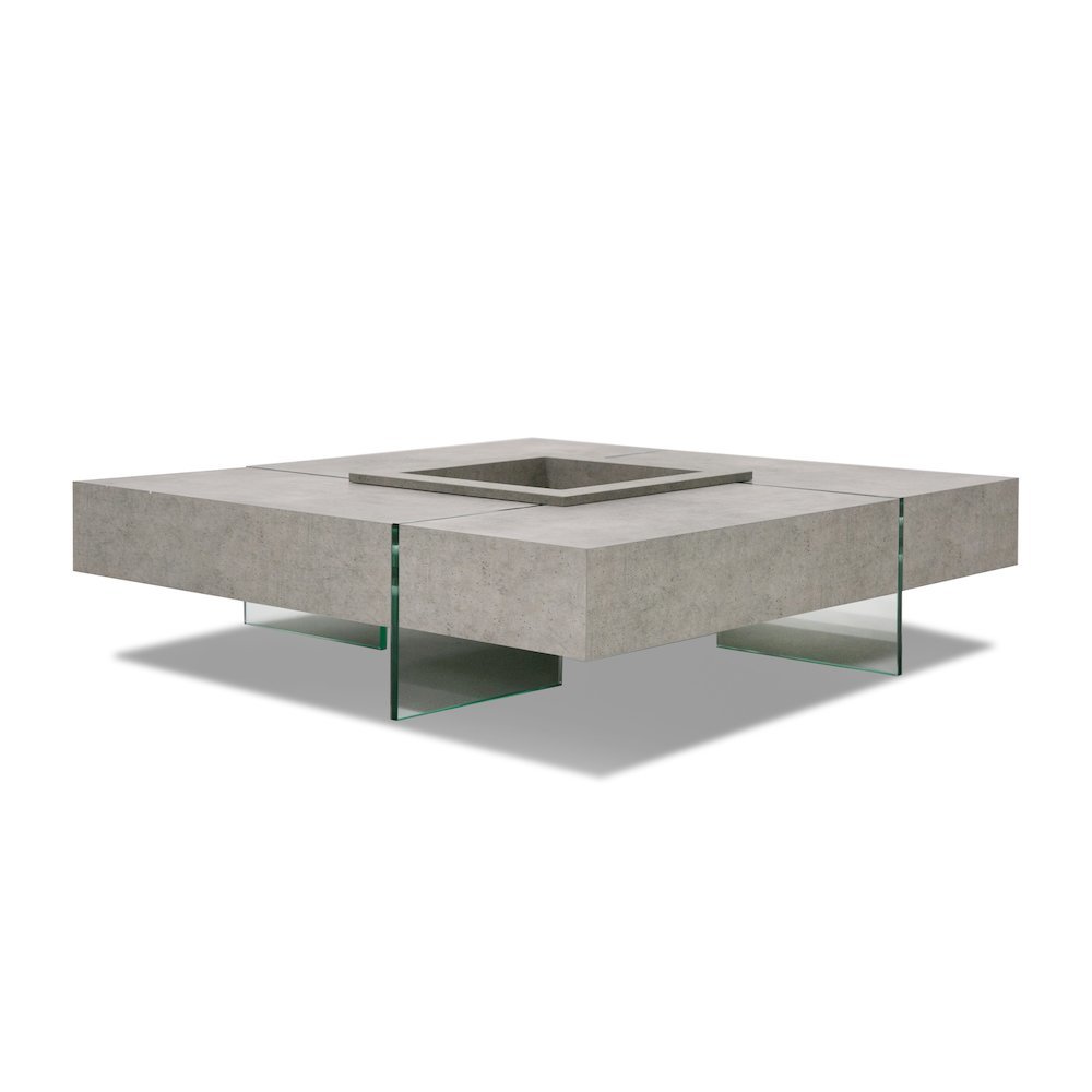Square Concrete Floating Coffee Table With Glass Legs, Modern Coffee Table