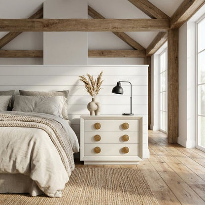 Cream Nightstand with Modern Design, Brushed Gold Accents, and Sleek Style