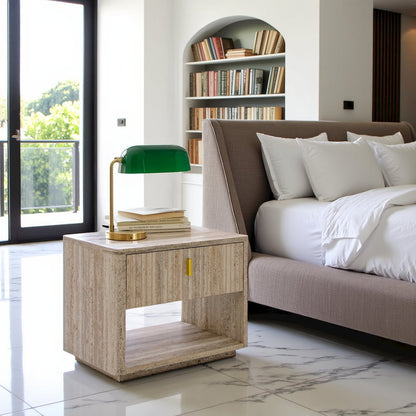Modern Nightstand In Gray Faux Travertine, Bedside Table With Drawer Storage