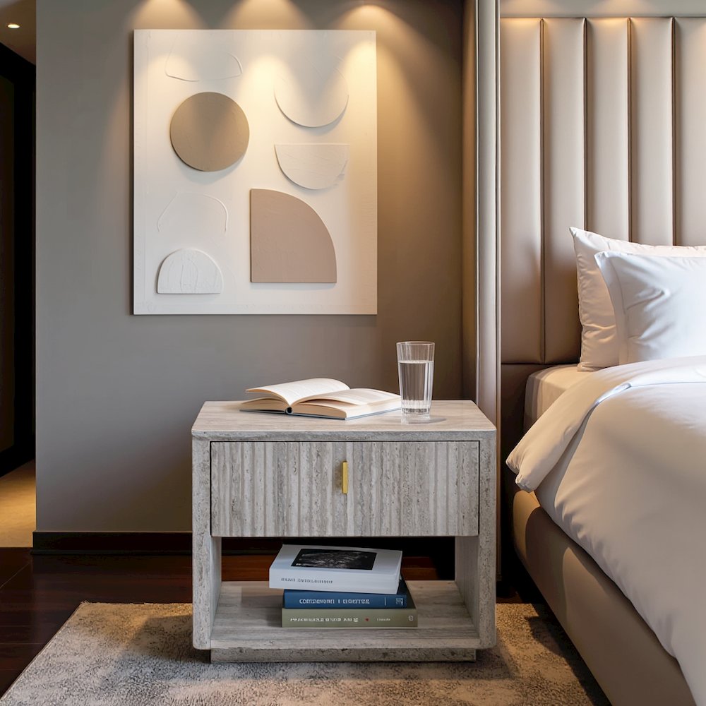 Modern Nightstand In Gray Faux Travertine, Bedside Table With Drawer Storage