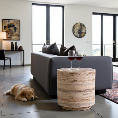 Round Faux Travertine Side Table, Gray Stone Finish Unique End Table