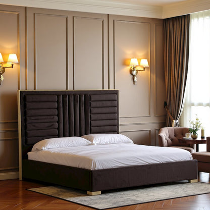 Eastern King Bed Frame With Headboard, Upholstered King Dark Brown Bed Frame Velvet