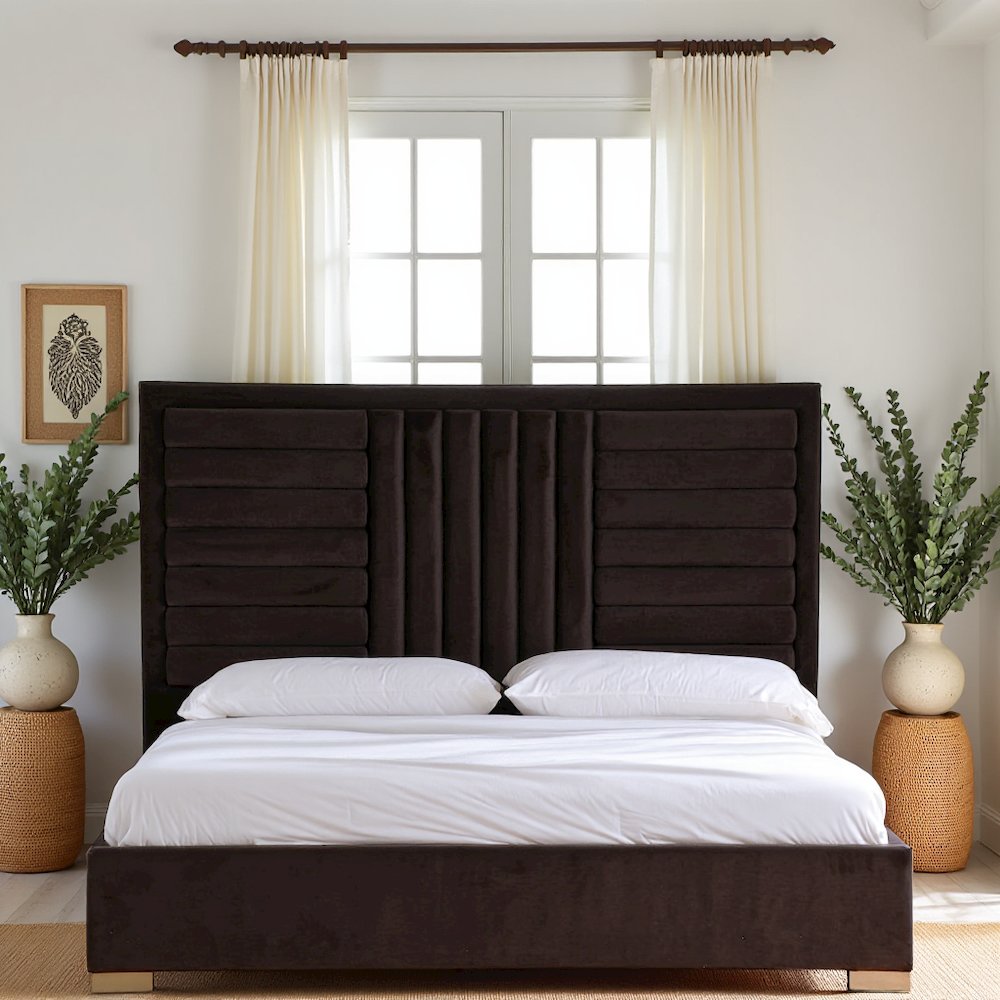 Eastern King Bed Frame With Headboard, Upholstered King Dark Brown Bed Frame Velvet
