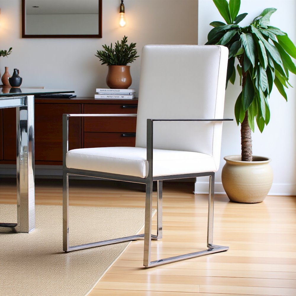Luxury Dining Chair White Upholstered, Chair With Metal Legs and Leather Finish