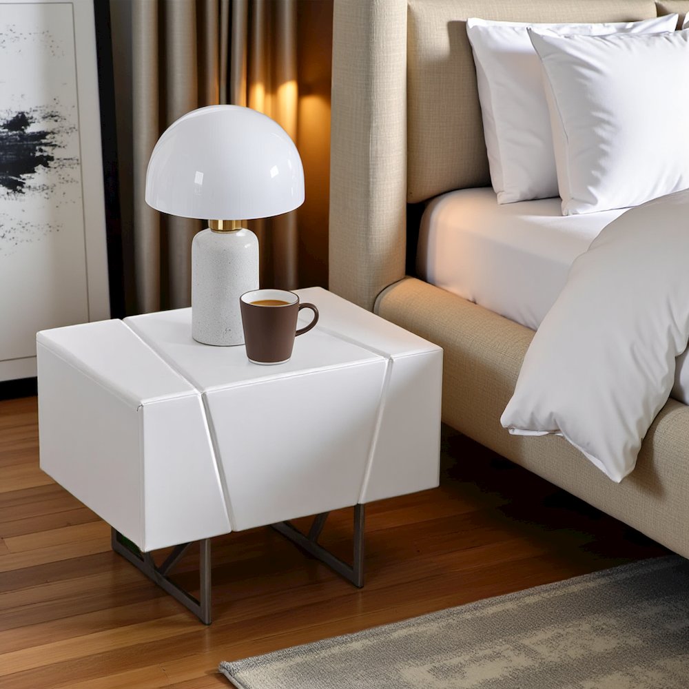 Modern Nightstand With Drawer, White Bedroom Nightstand On Steel Legs