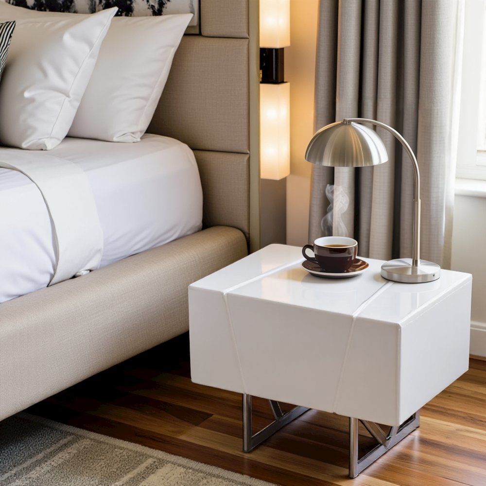 Modern Nightstand With Drawer, White Bedroom Nightstand On Steel Legs