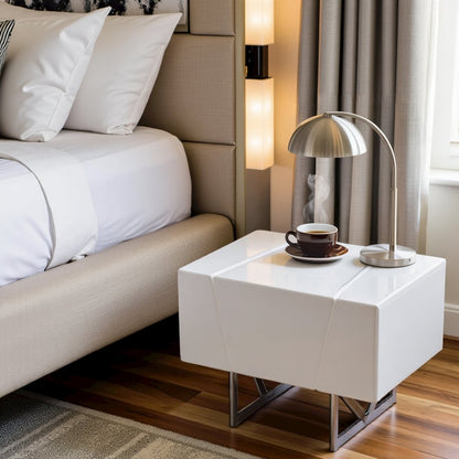 Modern Nightstand With Drawer, White Bedroom Nightstand On Steel Legs
