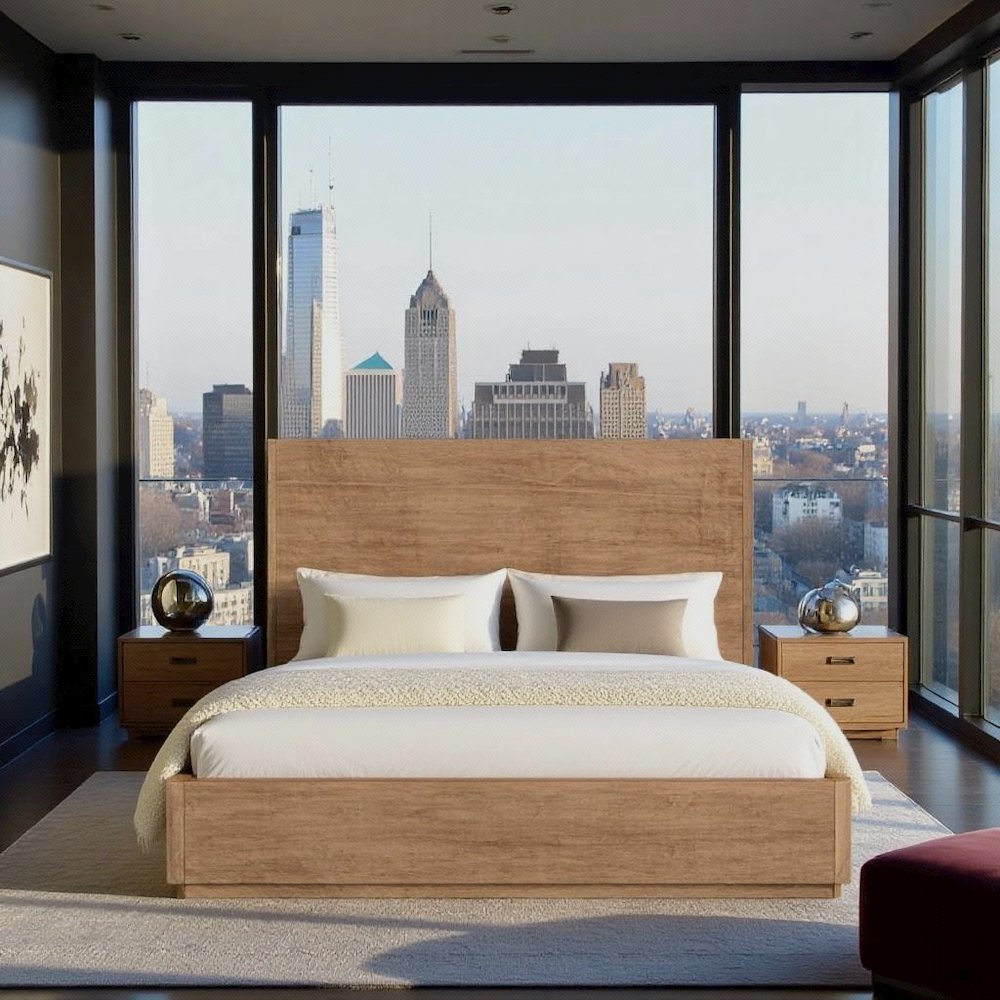 Oak Wood Eastern King Bed Frame, Modern Boho Bed Frame With Headboard