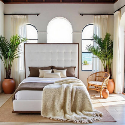 White Faux Leather Queen Bed Frame, Low Profile Bed Frame With Walnut Accents