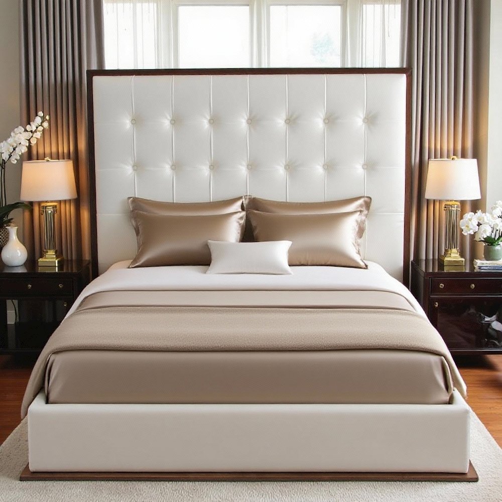 White Faux Leather King Bed Frame, Low Profile Bed Frame With Walnut Finish