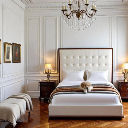 White Faux Leather Queen Bed Frame, Low Profile Bed Frame With Walnut Accents