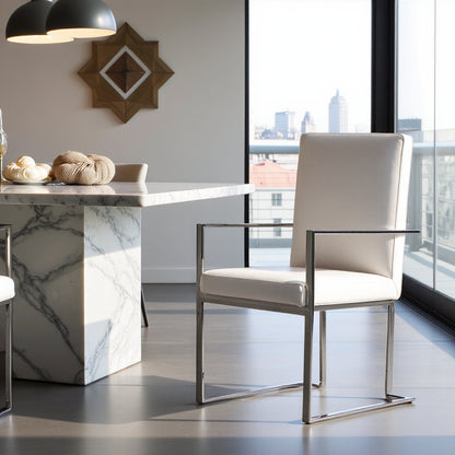 Luxury Dining Chair White Upholstered, Chair With Metal Legs and Leather Finish